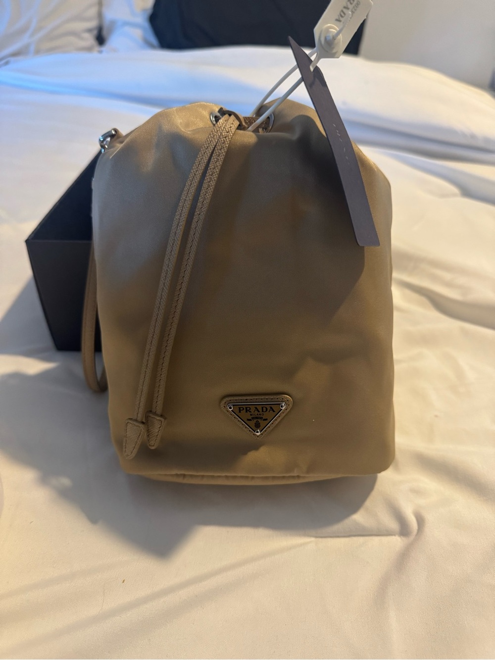 Prada Re-Nylon Drawstring Bucket Bag- light brown. NWB!